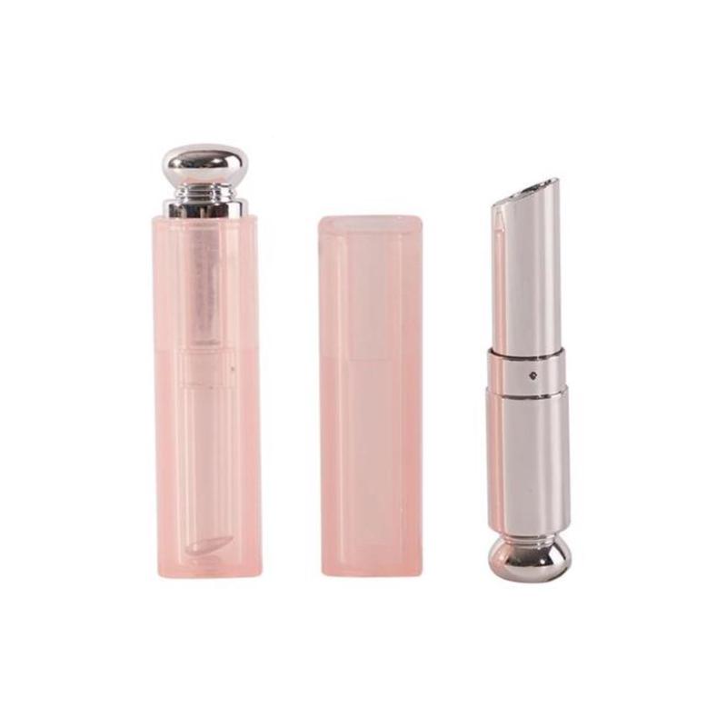 Elegant rosy pink lipstick tube with silver dome button base and diagonal bullet design. A premium packaging solution for lipsticks and lip balms. Customization...